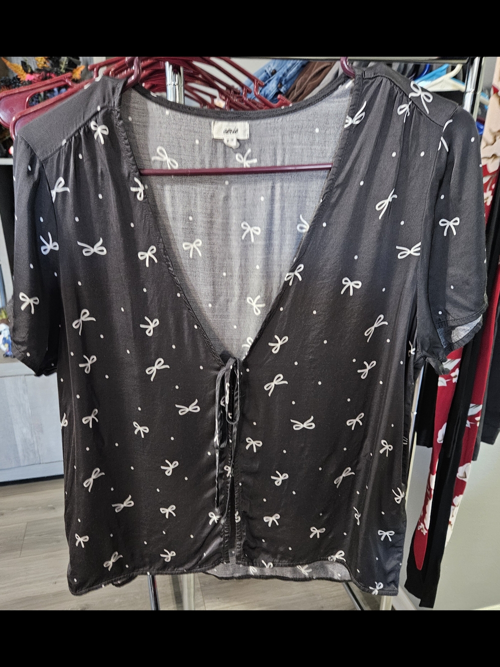 aerie Black Bow-Print Tie-Front Blouse
